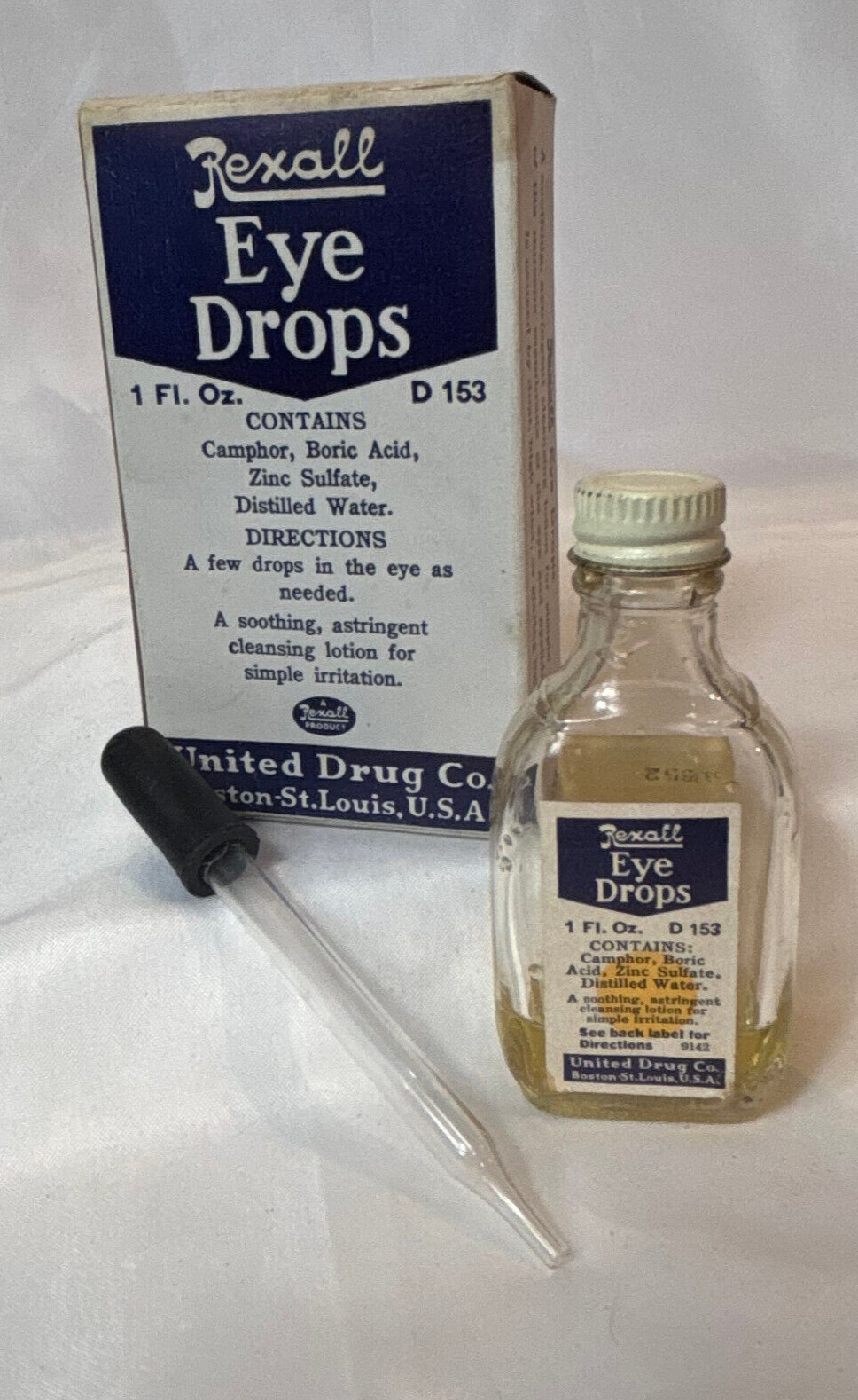Vtg Rexall Eye Drops Clear Glass Bottle In Original Box 1 Fl Oz United Drug Co.