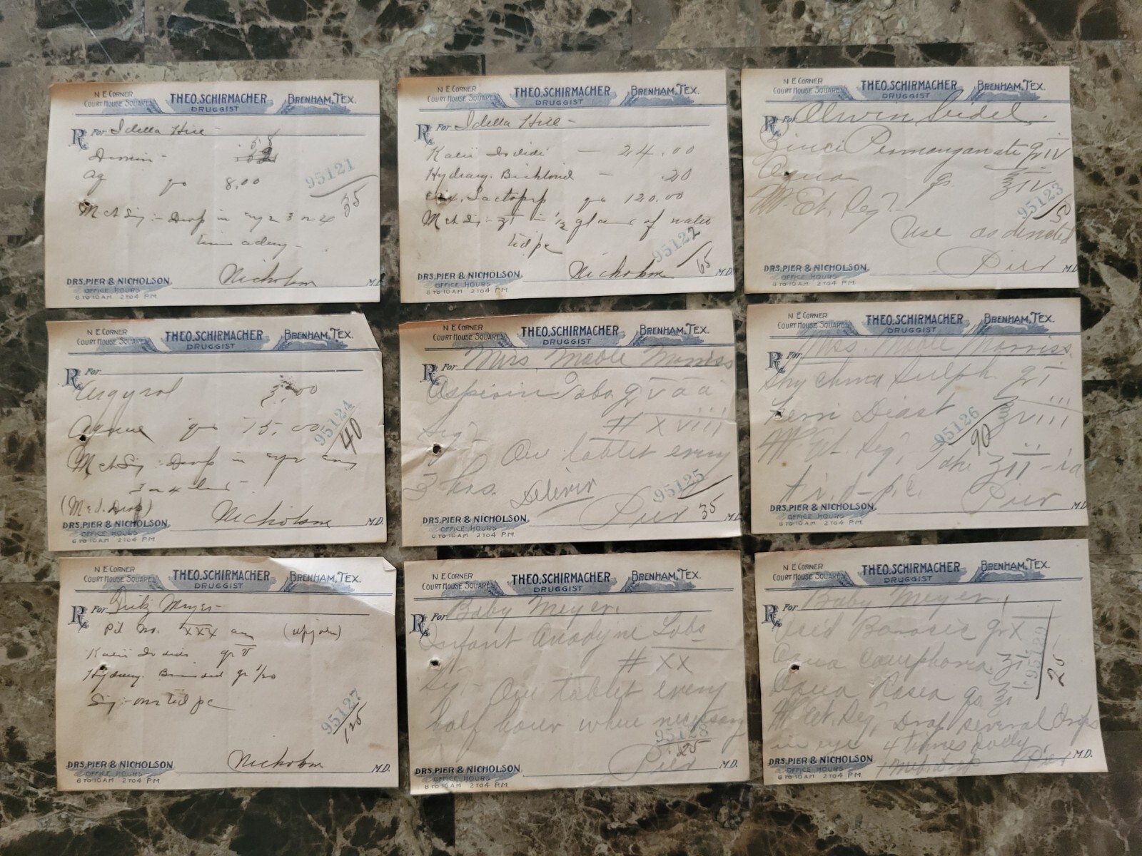 File box & 97 antique prescriptions (1911) – Dionin, Codeine, Infant Anodyne