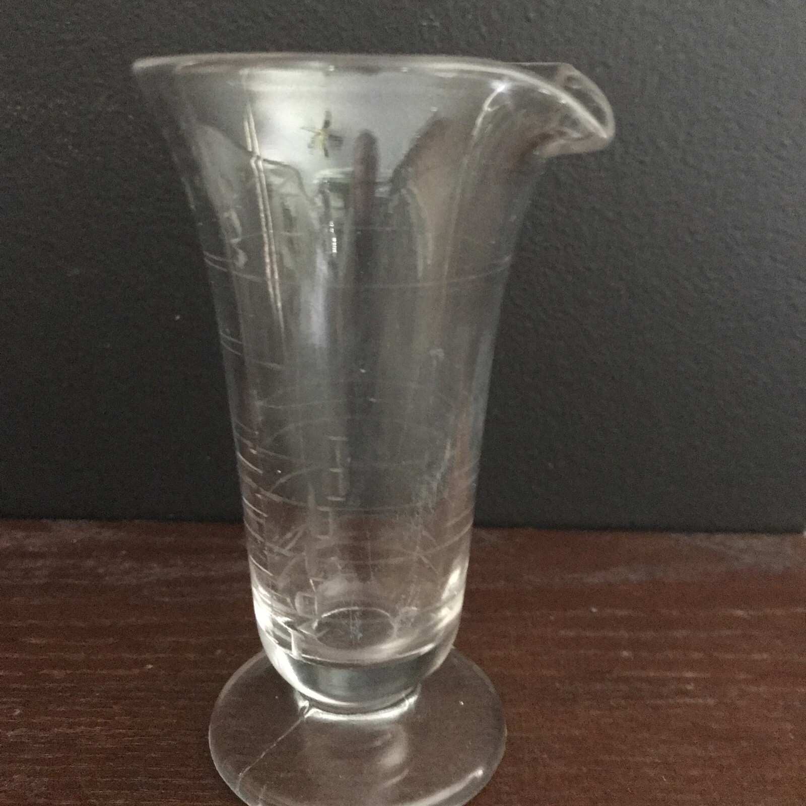 1940’s Mortar Pestle Clear Glass Beaker Apothecary Etched Footed Spout Mixology