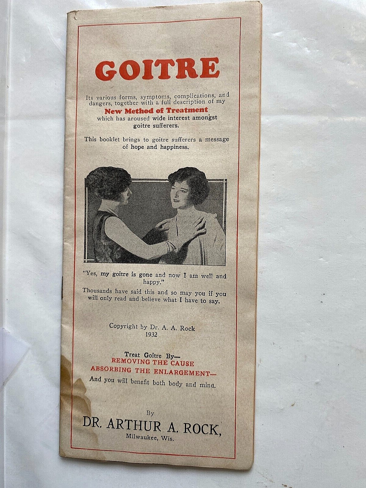 1932 Sales Literature for Goitre Cure. Dr. Arthur Rock, Milwaukee, Wisconsin.