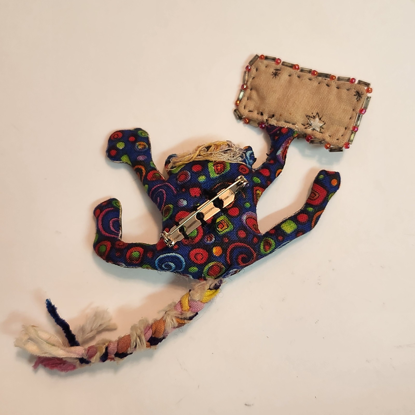 Vintage Hand Made ” Prozac Day ” Cloth Stuffed Goblin Monster Googley Eyes Pin