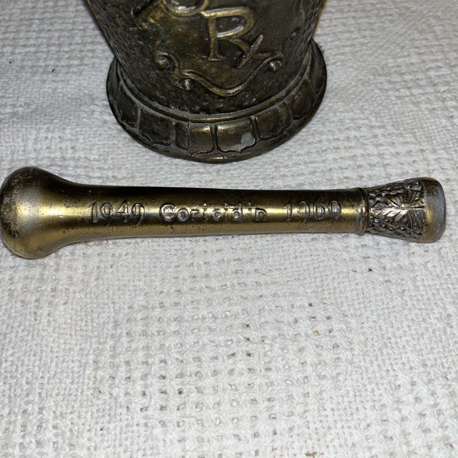 Vintage Apothecary￼￼ Coricidin Mortar & Pestle Brass Rx Secundum Artem Pharmacy
