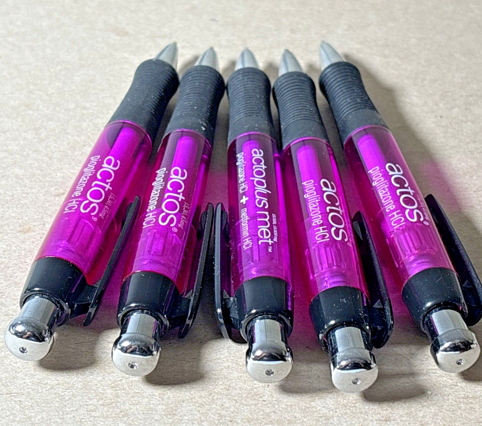 Lot of 5 ACTOS ACTOPLUS MET FAMILY Drug Rep Pharma Pen Purple Black Rubber Grip