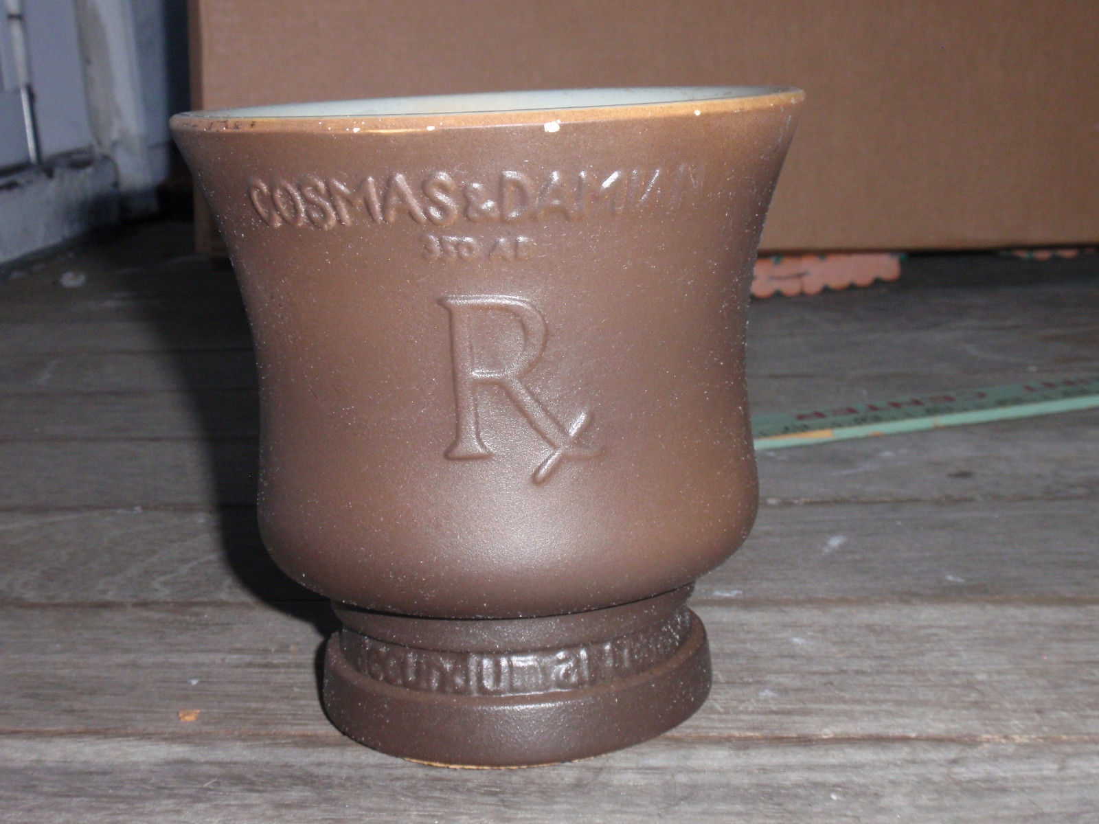 VINTAGE STONE/CERAMIC MORTAR COSMAS & DAMIAN PHARMACY 5 IN. TALL