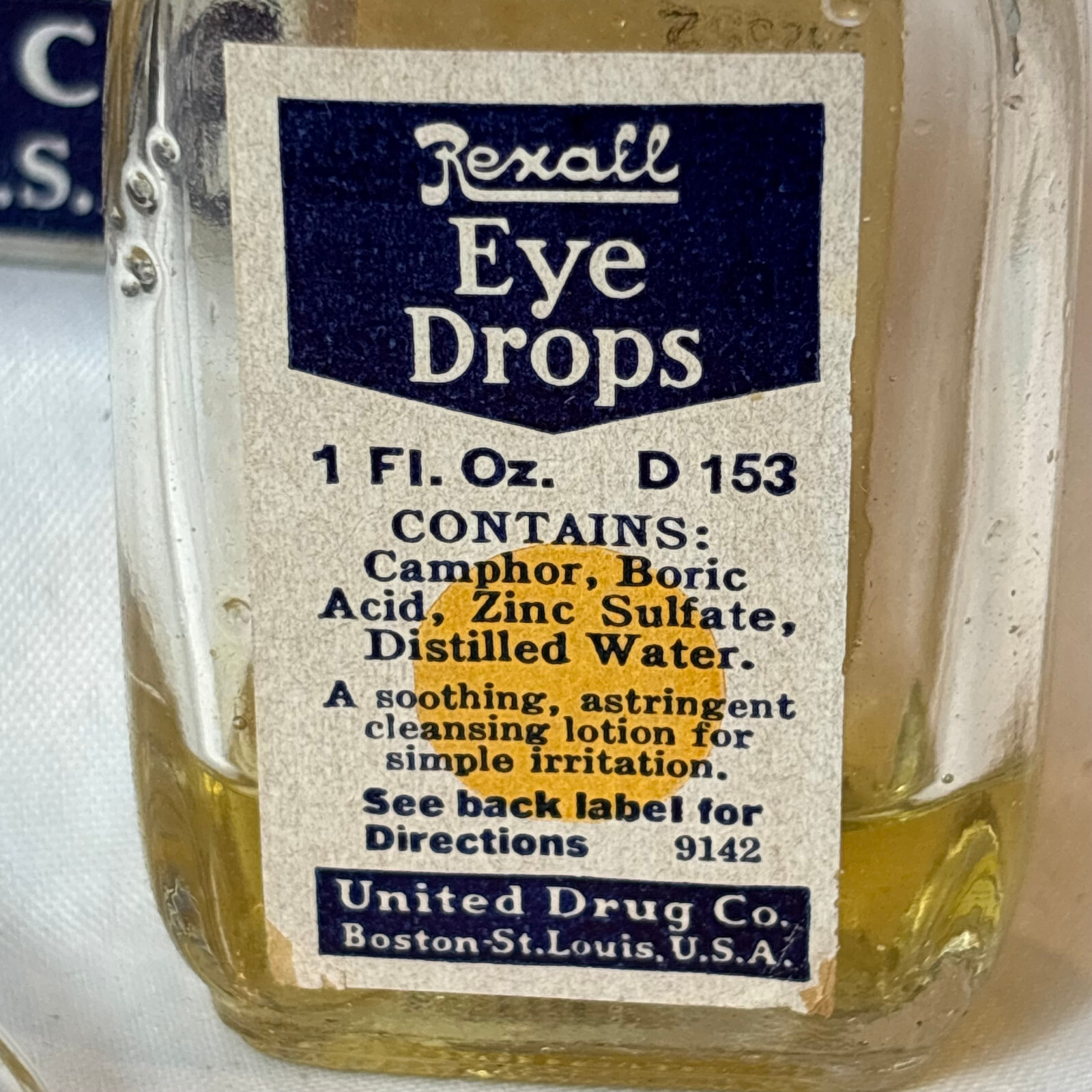 Vtg Rexall Eye Drops Clear Glass Bottle In Original Box 1 Fl Oz United Drug Co.