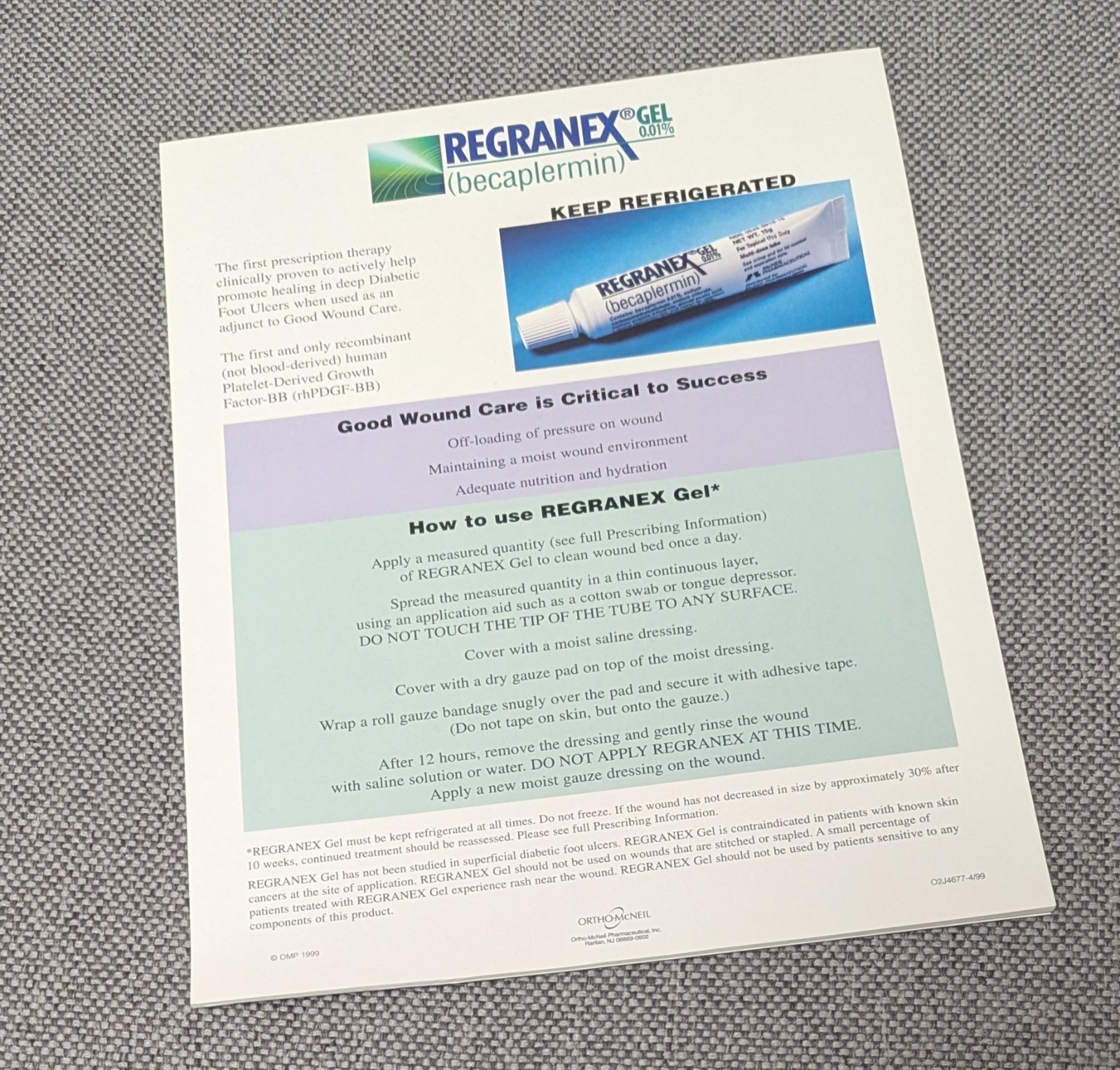 Medical Office Education Flyer Ortho-McNeil Pharmaceutical Rep Adv Regranex 1999