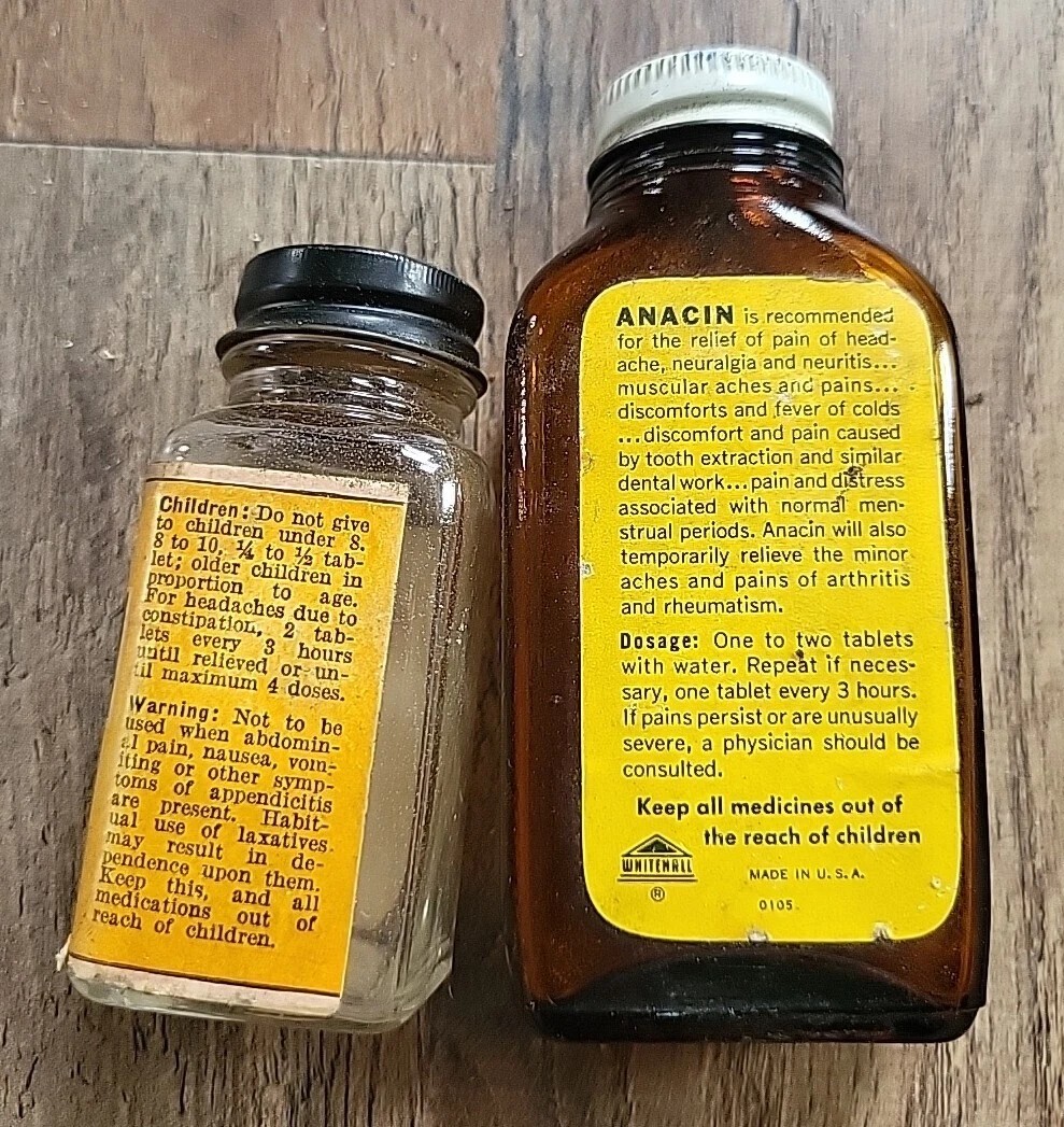 Vtg 1950s 1960s ANACIN Whitehall glass bottle Rawleighs Cold Tablets Lot Of 2