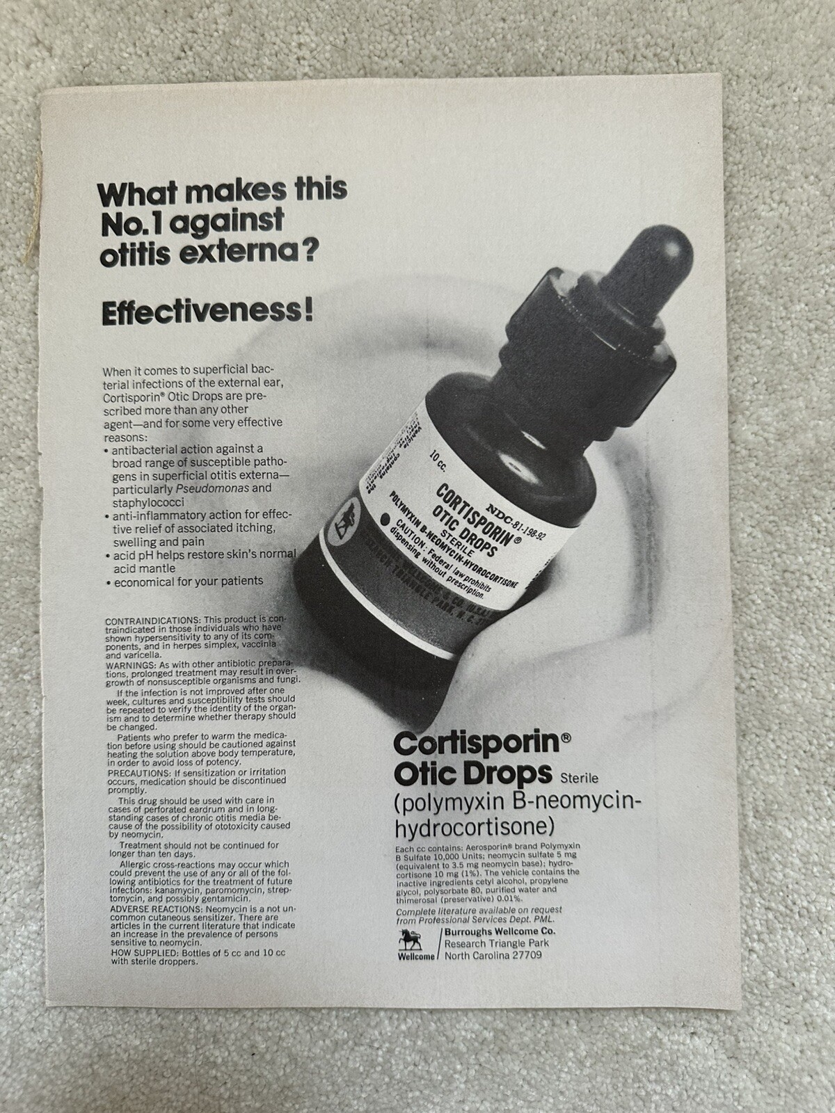 Vintage Cortisporin Pharmaceutical Single Page Magazine Advertisement