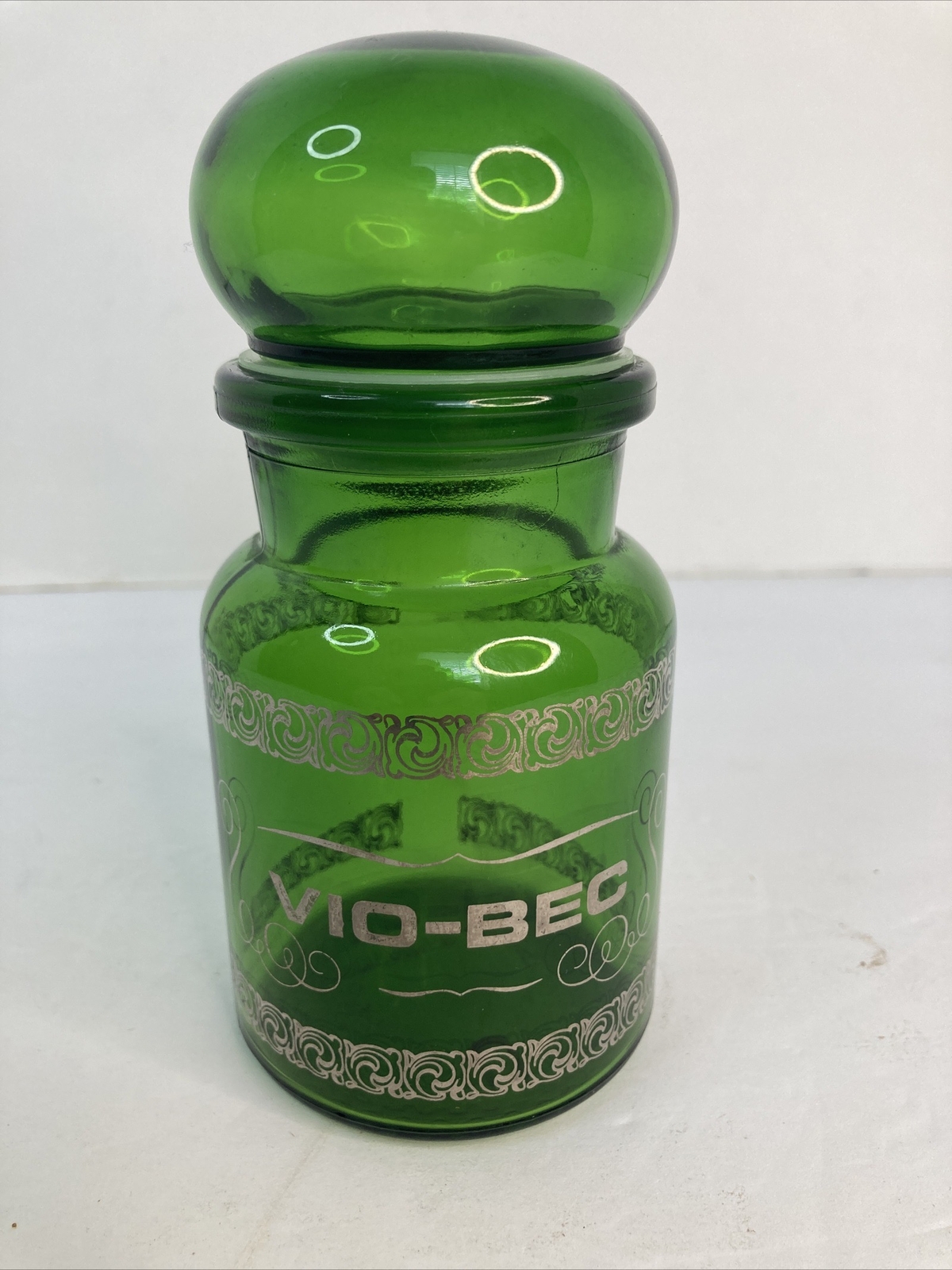 Vintage Green Glass Apothecary Jar Bottle Bubble Lid Belgium 5.5″ Vio-Bec GOLD