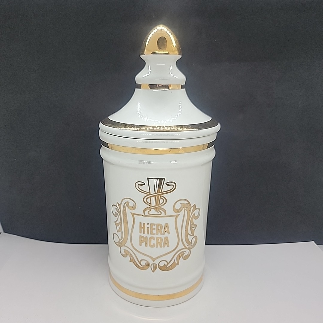 VINTAGE PHARMACY HIERA PICRA APOTHECARY CANISTER JAR WITH LID OWENS ILLINOIS
