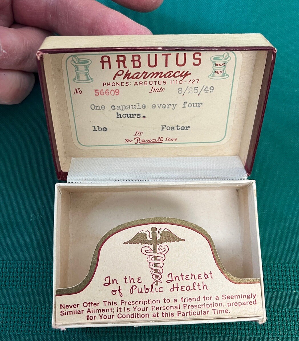 Vintage 1949 Prescription Medicine Box Arbutus Pharmacy Drug Store Maryland