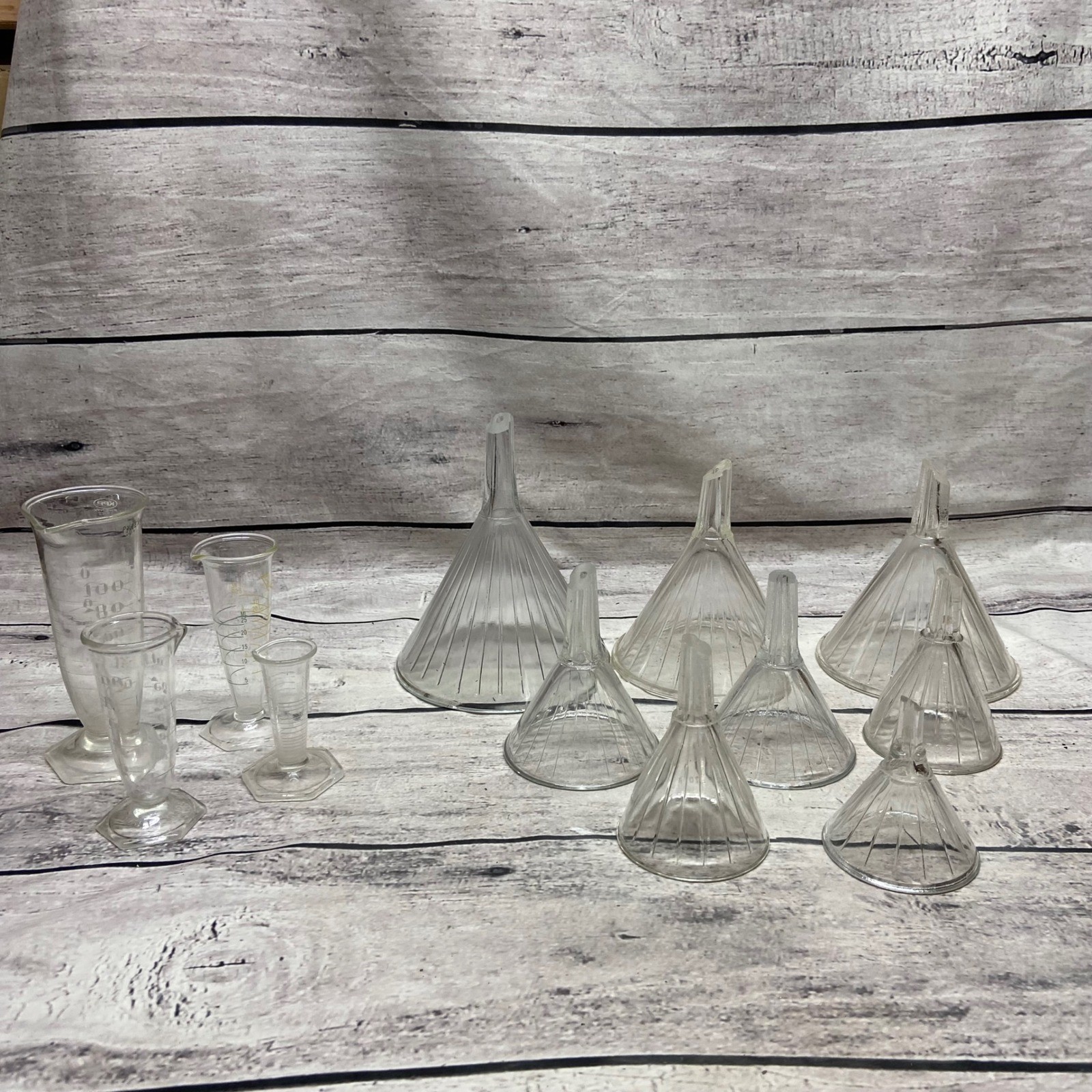Vintage Ribbed Glass Lab Equipment Funnels Set of 13