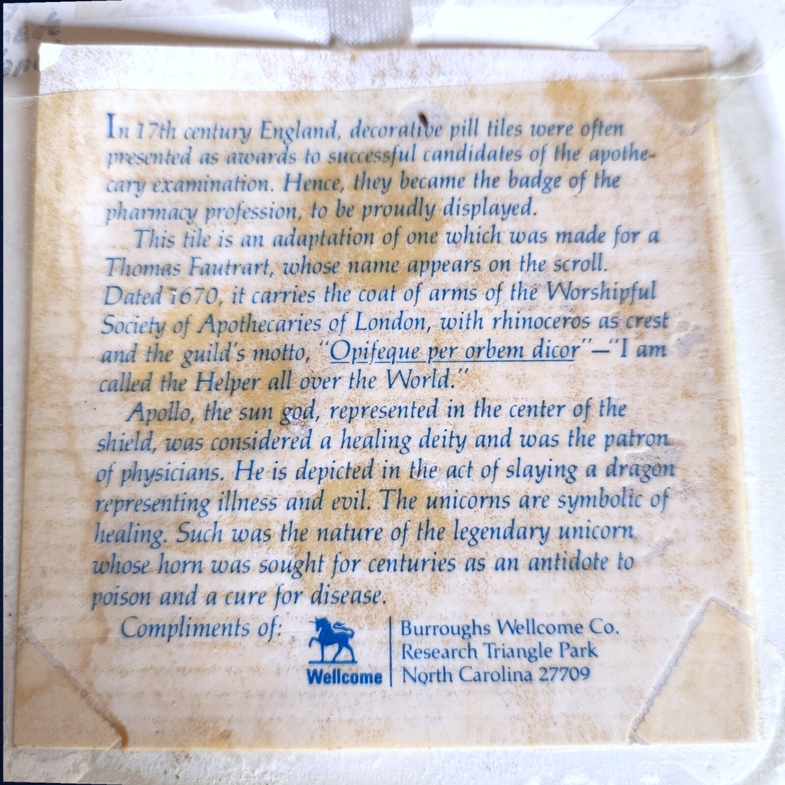 Lot of 2 Pharmacy Comm Tiles Delft Holland 1670 Thomas Favtrart Coat-of-Arms 6″