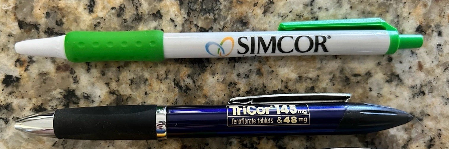 Simcor Tricor Promo Drug Rep PENS Giveaways Black Ink NEW Lot Of 15 Dead Stock