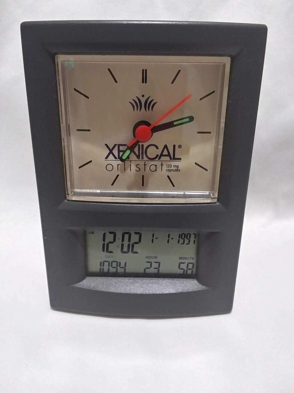 Vintage 1990s Xenical Drug Rep Desk Clock Digital Date T Analog Hands Glow WORKS