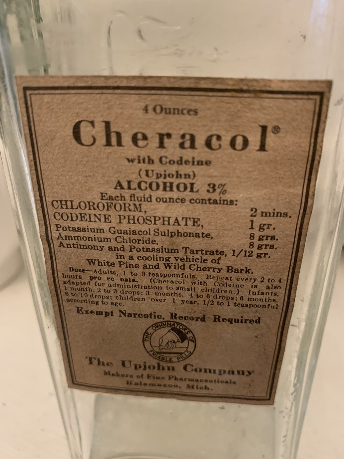 Vintage CHERACOL Cough Syrup Bottle Upjohn Kalamazoo MI Original Label Cap