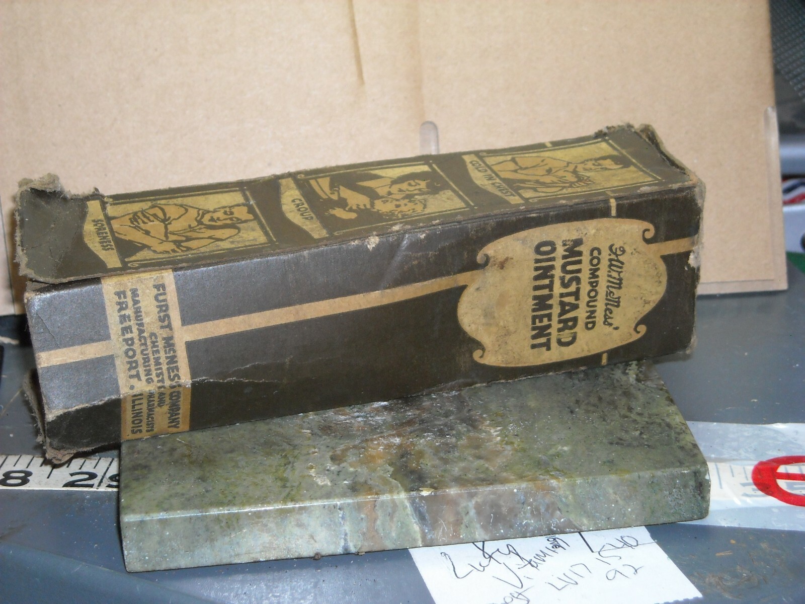 Vintage compound mustard ointment torn box and used up tube FW McNess prop