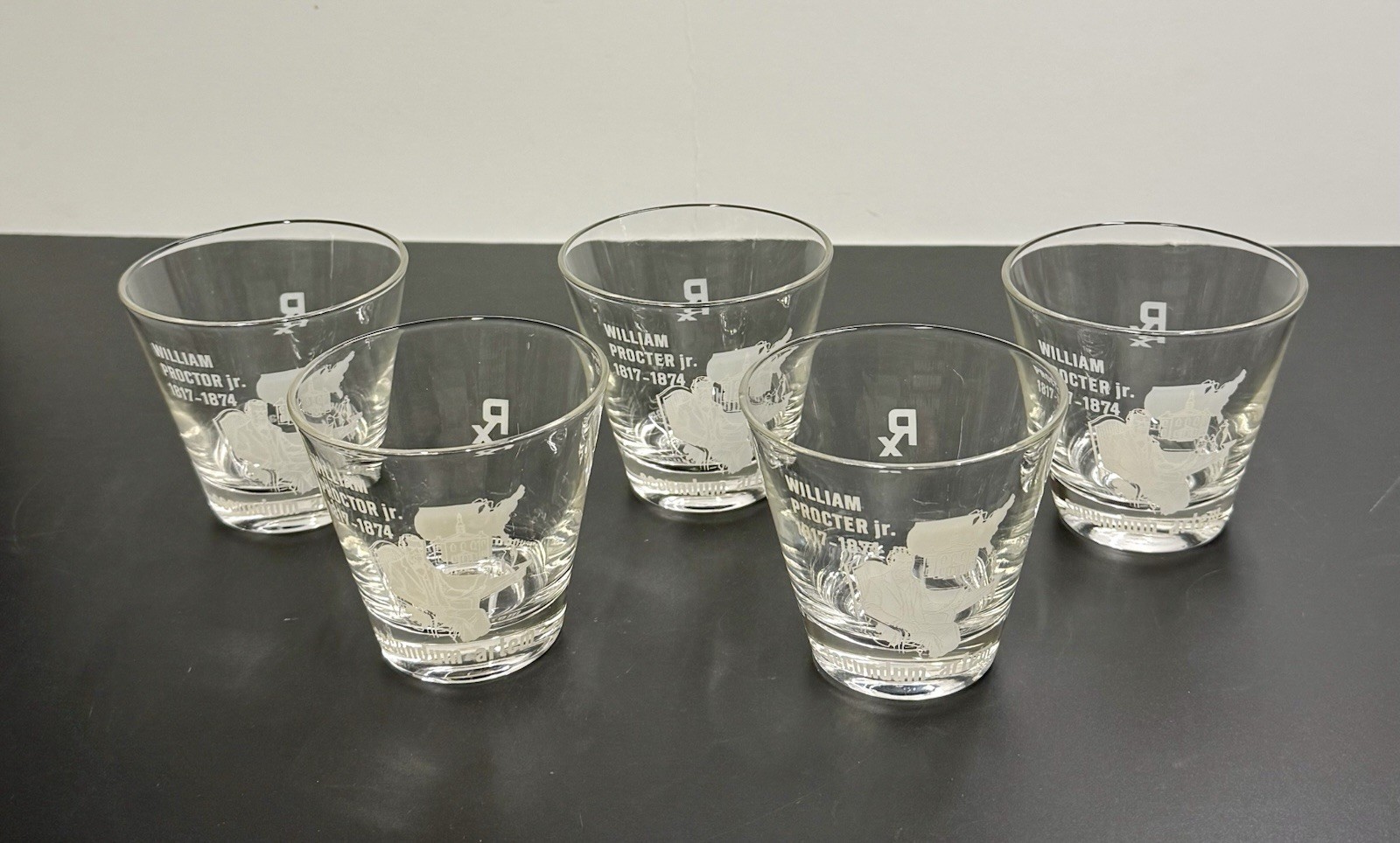 Set Of 5 Vtg William Proctor Jr RX Pharmacist Secundum Artem 6oz Etched Glass