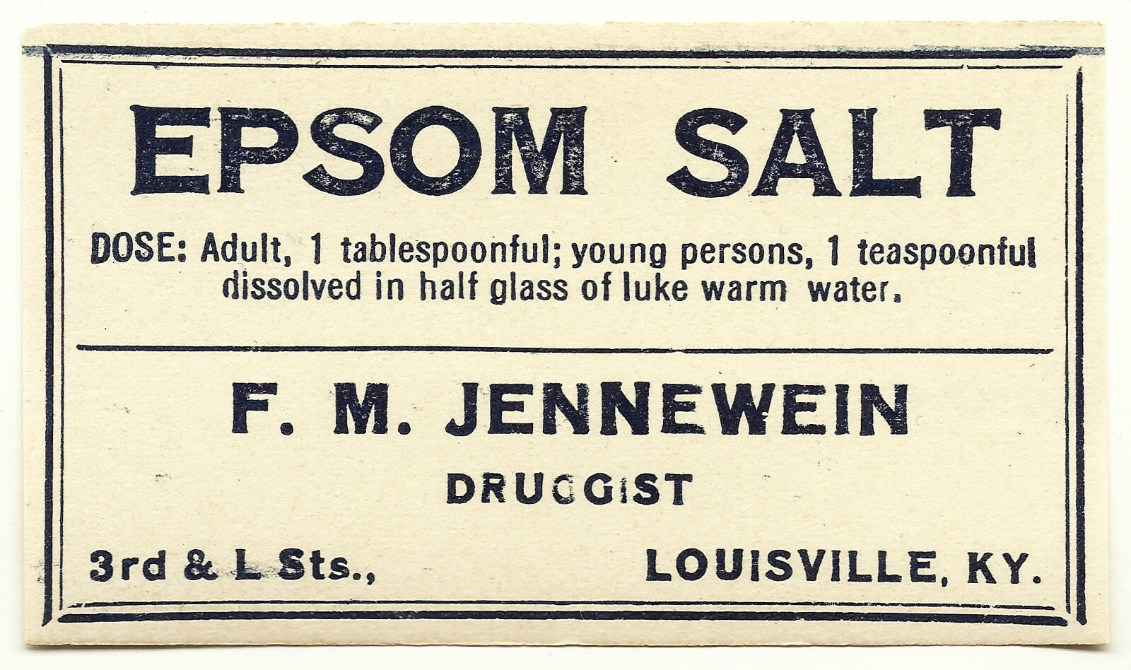 1 Antique Pharmacy Label EPSOM SALT F M Jennewein Druggist Louisville, Kentucky