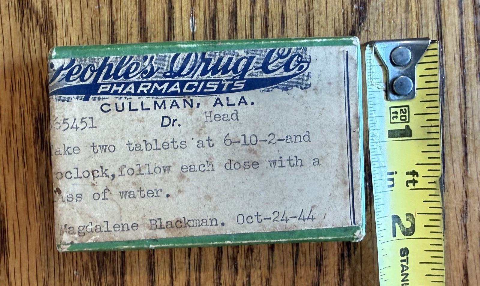 Vintage Cullman Alabama Pill Box Medical Pharmacy People’s Drug Co. 1944 WW2