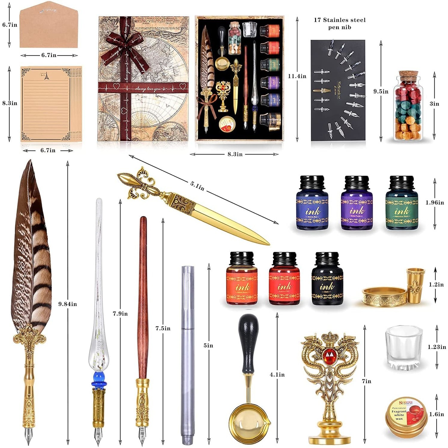 NC Quill Pen Ink Set,includes quill pen,wooden And glass dip pen,6 bottles in…