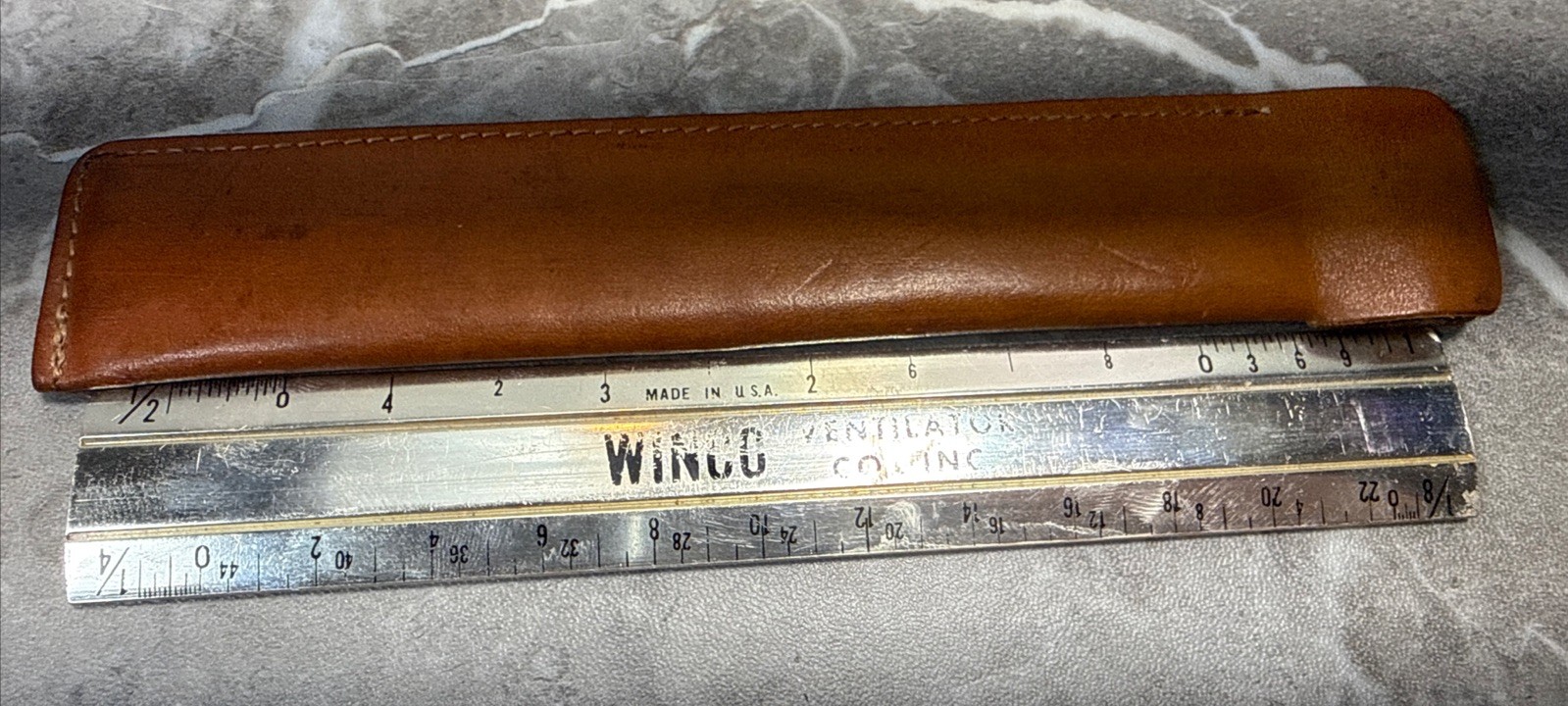 Vintage Metal Medical Advertising WINCO Venilator Co Ruler W/ Leather Pouch