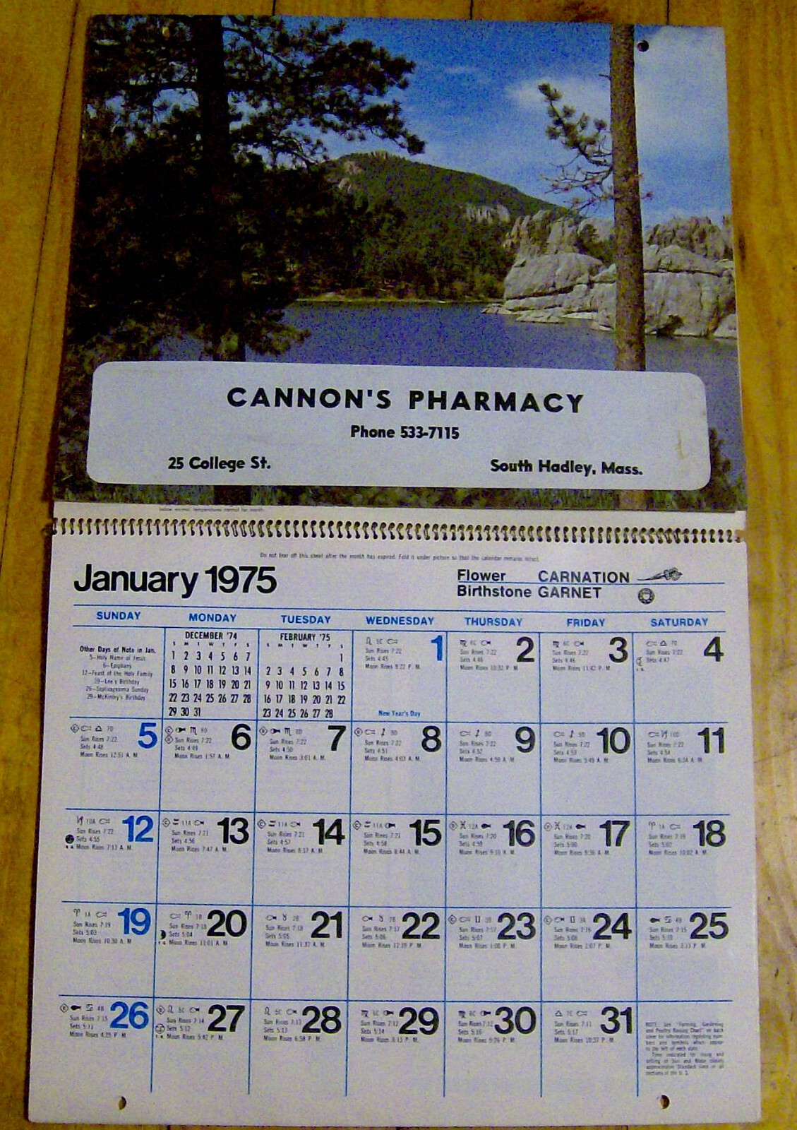 vintage CANNON’S PHARMACY 1970s ad calendar South Hadley Massachusetts medical