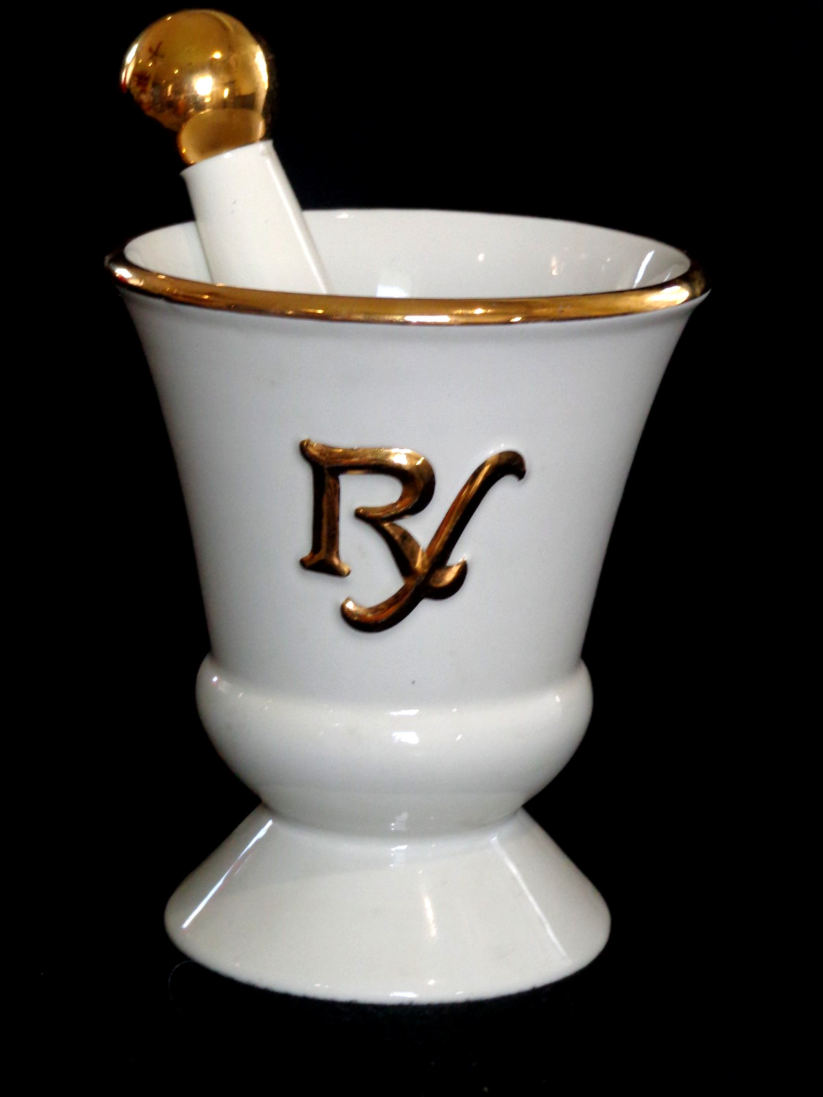 Vintage Pharmacy Display Ivory & Gold Trimmed RX Mortar & Pestle
