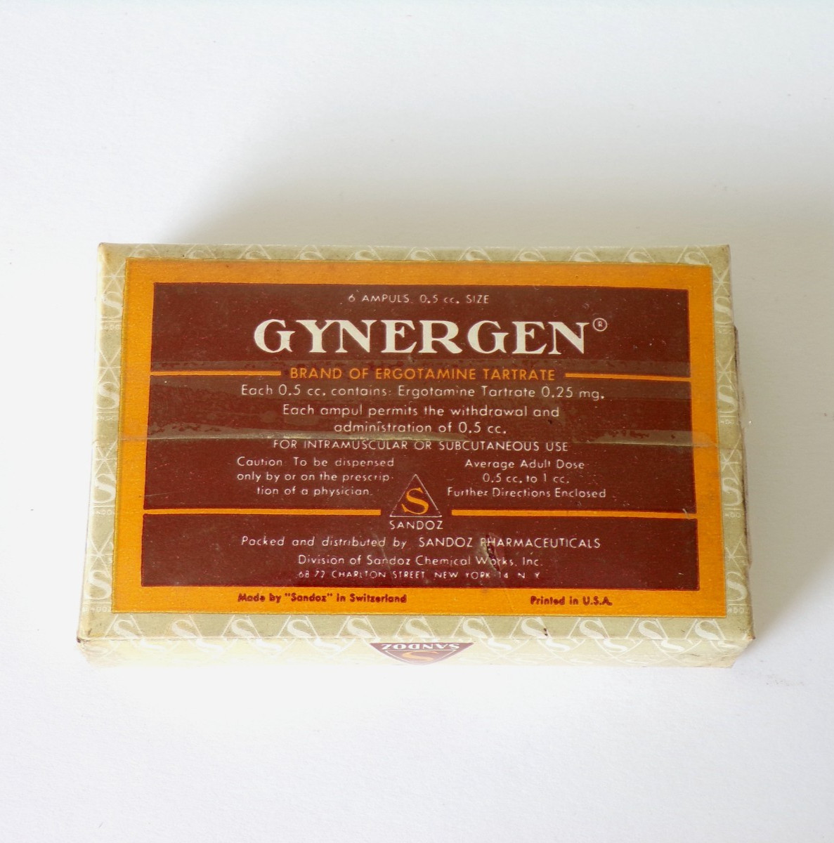 UN-OPENED Box Sandoz GYNERGEN Brand ERGOTAMINE TARTRATE 6 Ampuls PHARMACEUTICAL