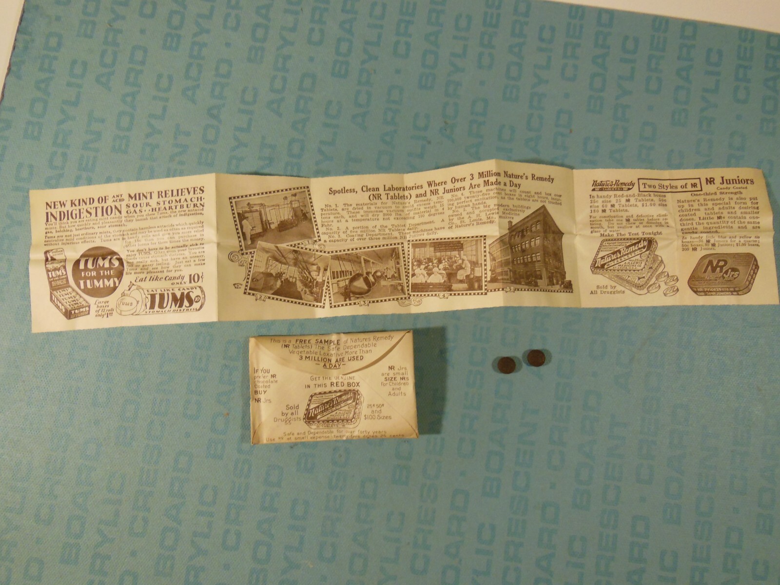 Nature’s Remedy free sample laxative, c1933, 2 pills, brochure & envelope