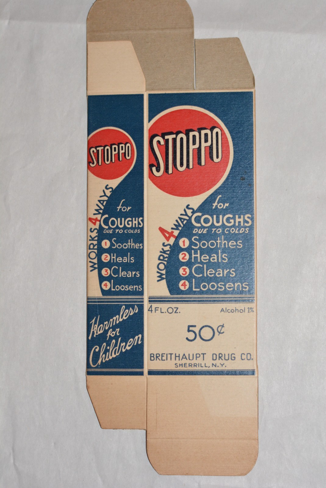 “STOPPO For Coughs” Syrup Medicine Advertising Box Breithaupt Drug Co., N.Y.