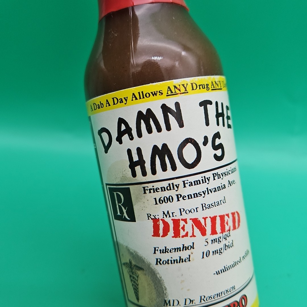 Rare Pharmaceutical Drug Rep Hot Sauce Bottle “Damn The HMO’s” Habanero 5 Oz