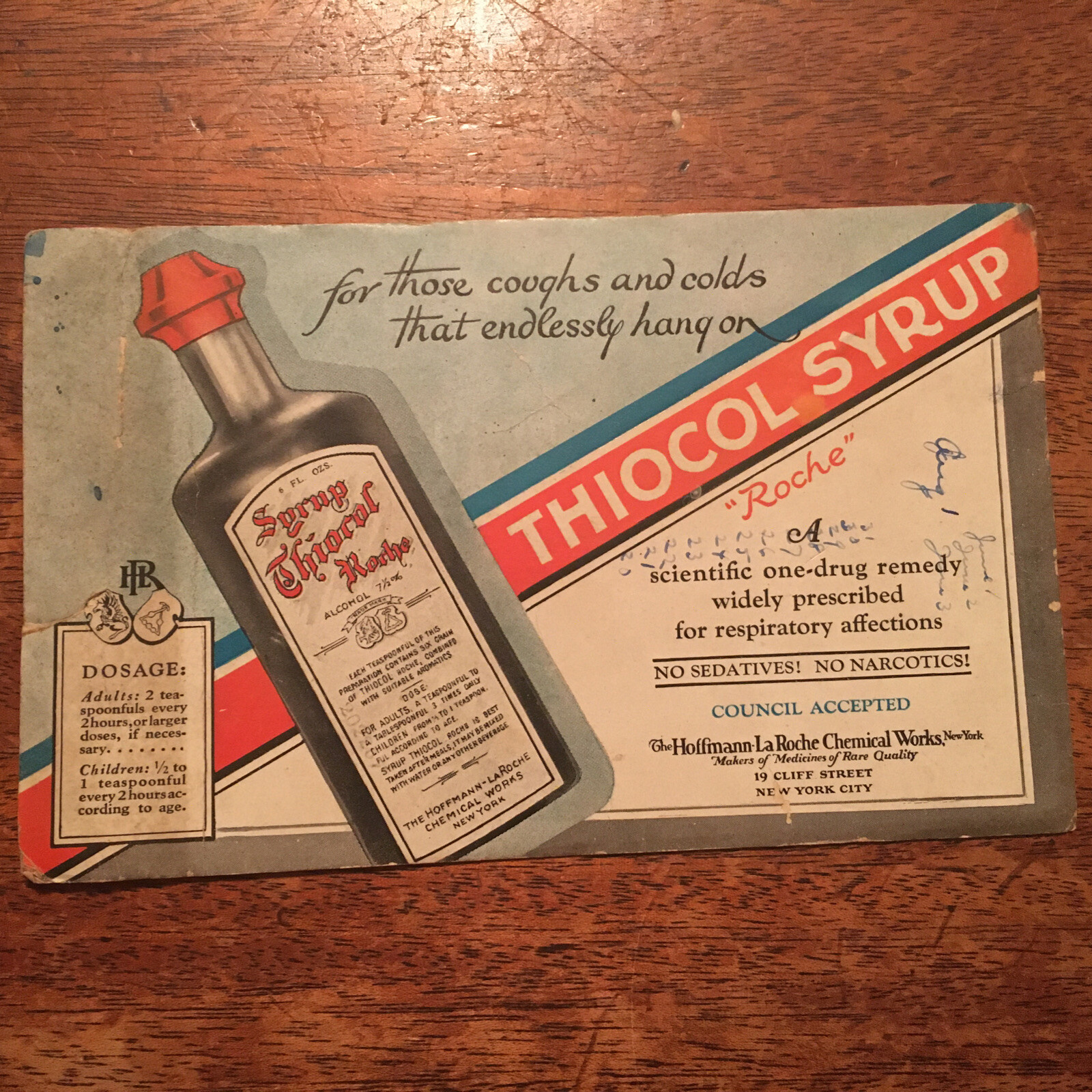 Thiocol Syrup The Hoffman LaRoche Chemical Works New York Card Advertisement￼￼￼