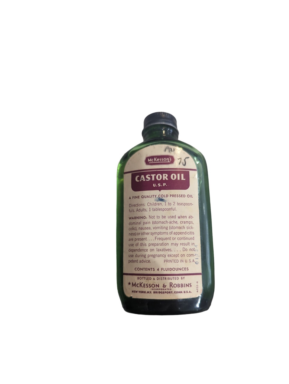 Vintage McKesson Castor Oil Bottle 4oz Full Green Bottle