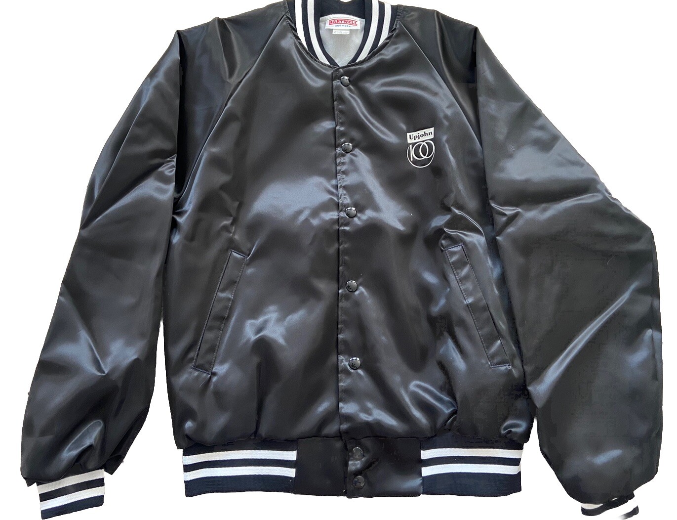 UPJOHN Kalamazoo Black Satin Bomber Jacket 100th Anniversary Med NEW