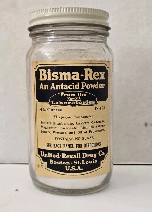 Vintage Bisma-Rex Calcium Carbonate Antacid Bottle And Box Mid 1900s