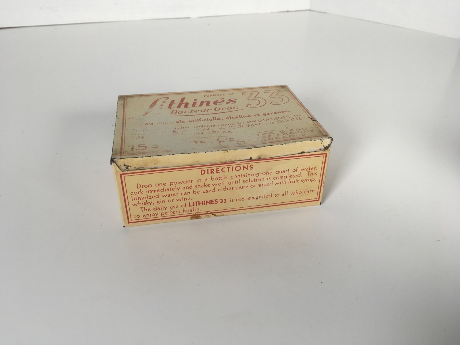 Vintage LITHINES Groc Formule No. 33 – Vintage Medicinal Water Empty Tin