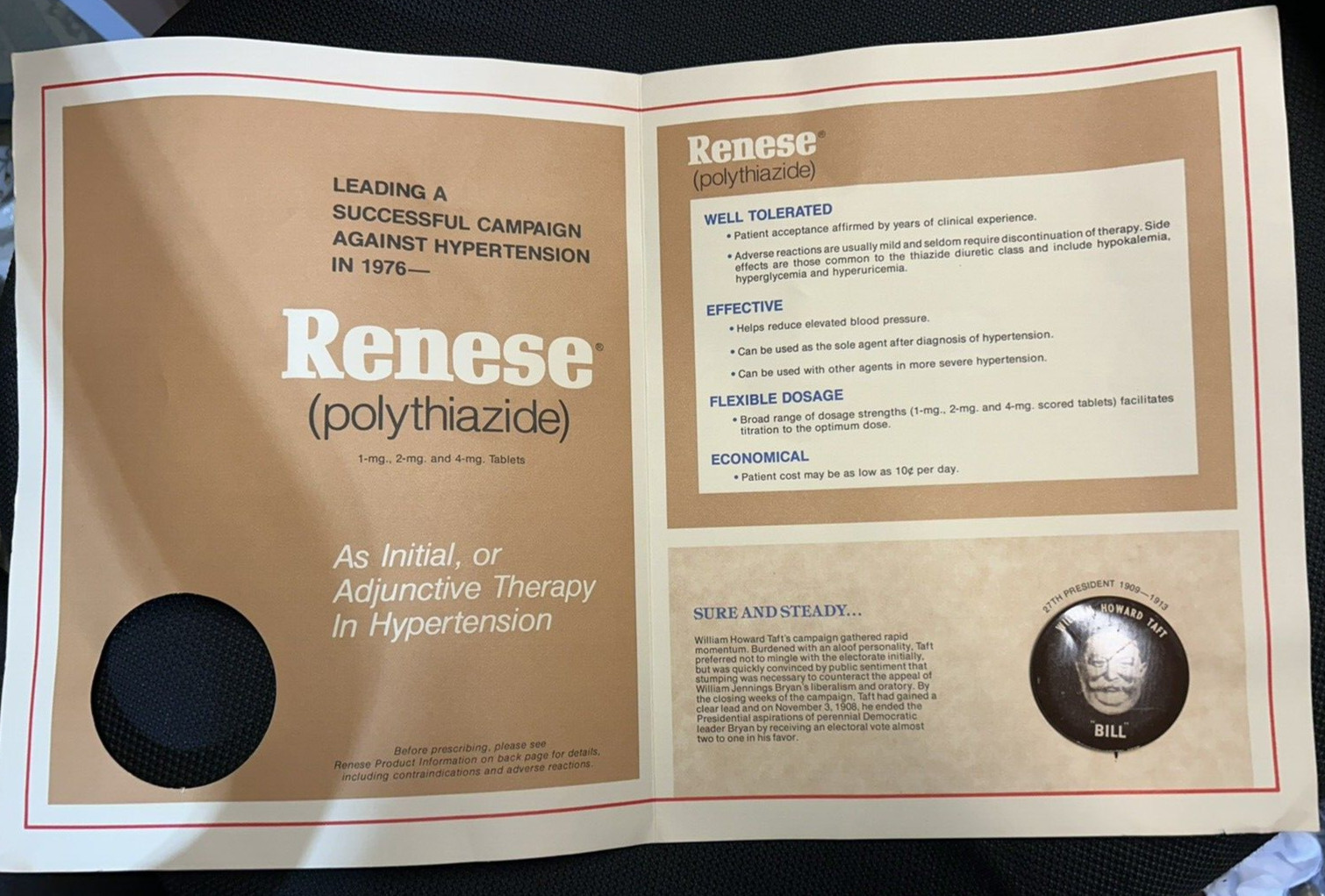 1976 PFIZER Howard TAFT Replica President CAMPAIGN PIN w Brochure of RENESE
