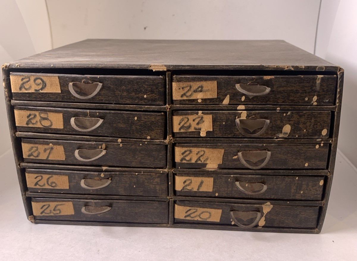 Antique Medicine Pharmacy Prescription File Box 10 drawers spring mechanism