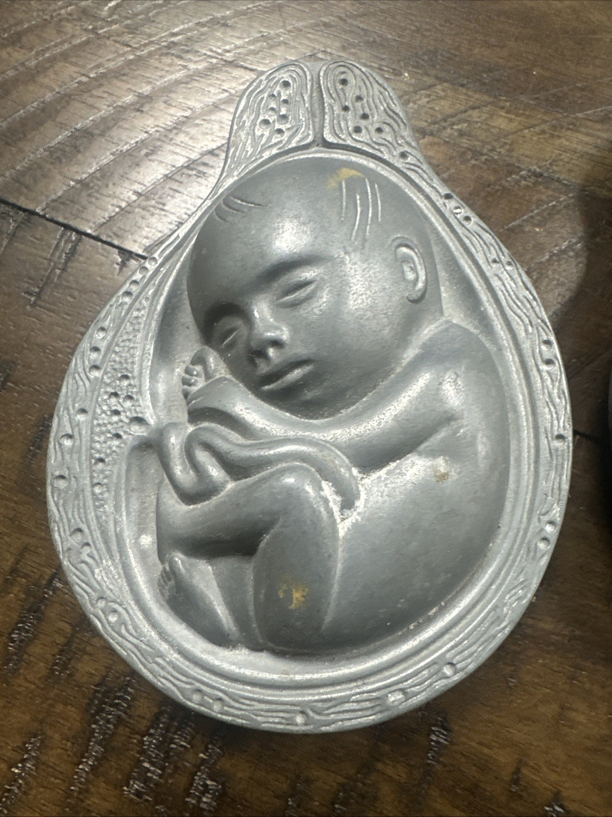 2 Parke-Davis TABRON 1950s Vintage Pharmaceutical Pewter Fetus Paperweight VGC