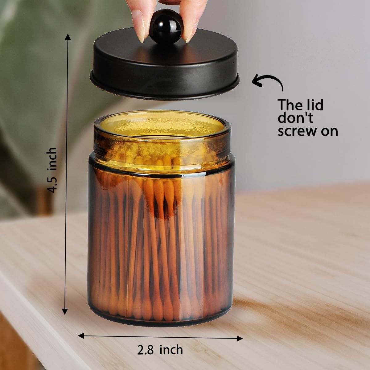 Amber Glass Qtip Holder, Apothecary Jars with Matte Black Metal Lid &