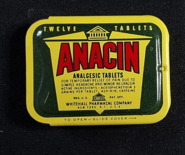 Vintage EMPTY Advertising Medicine Tin ANACIN Whitehall Pharmacal New York