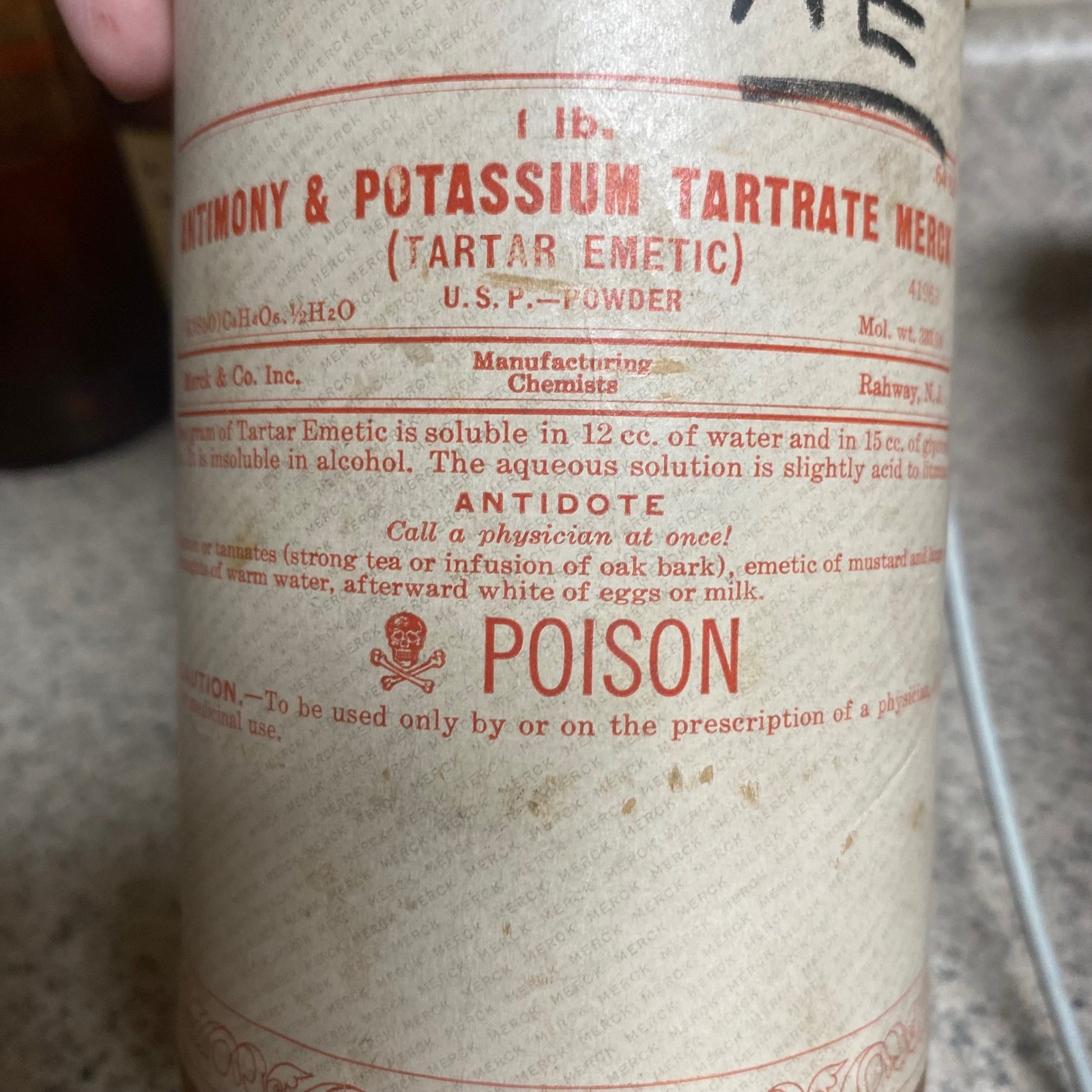 Vintage Antimony Potassium Tartrate Tartar Emetic Poison Bottle Can 1 lb