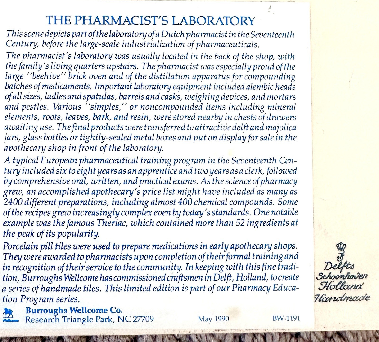 Vintage 1986 Delft Holland Blue Hand Painted Porcelain Tile Early Pharmacist 6×6