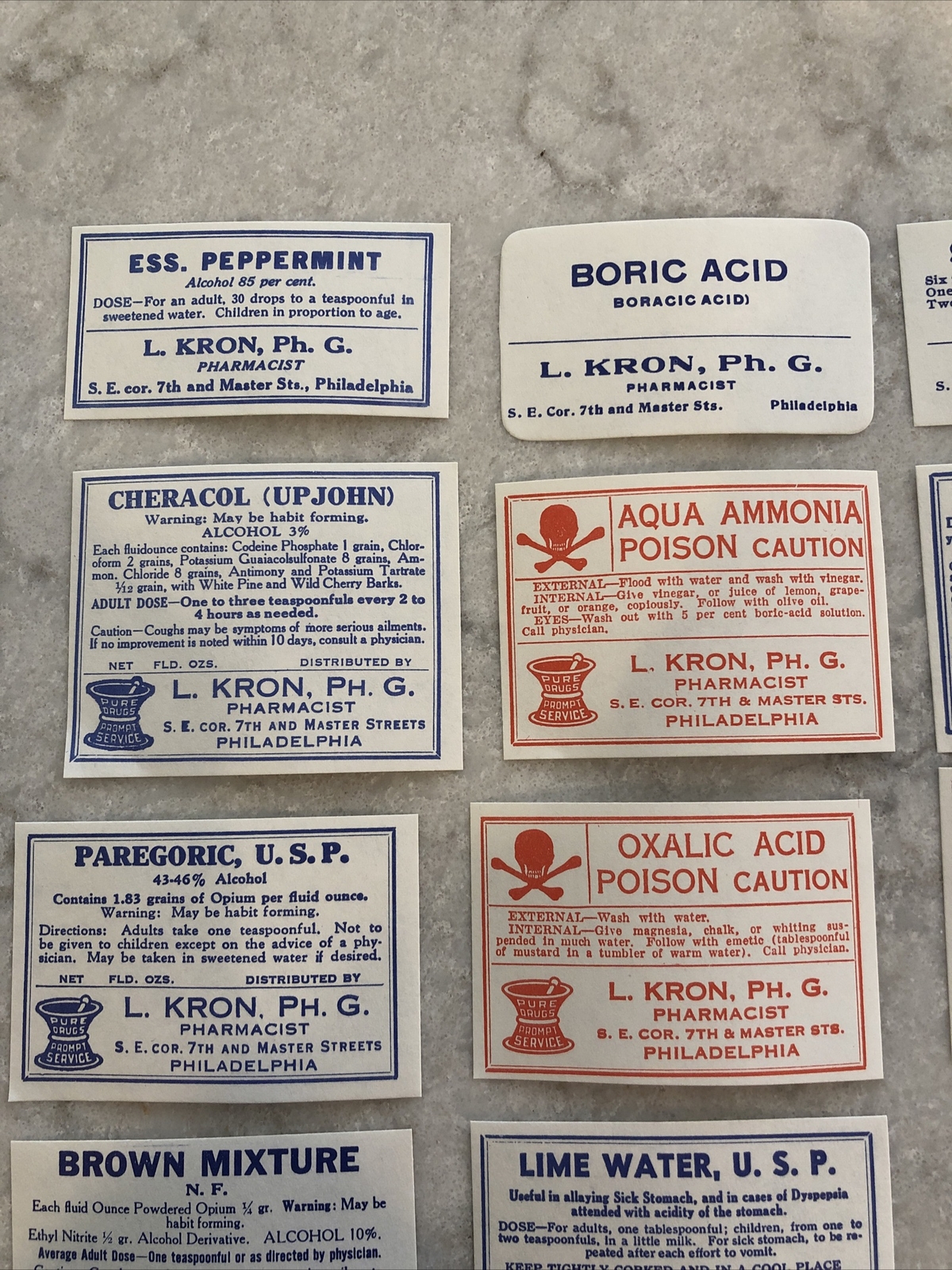 Lot 24 Antique Medicine Bottle Labels Opium, Poison – L. Kron Ph. G. Phila.