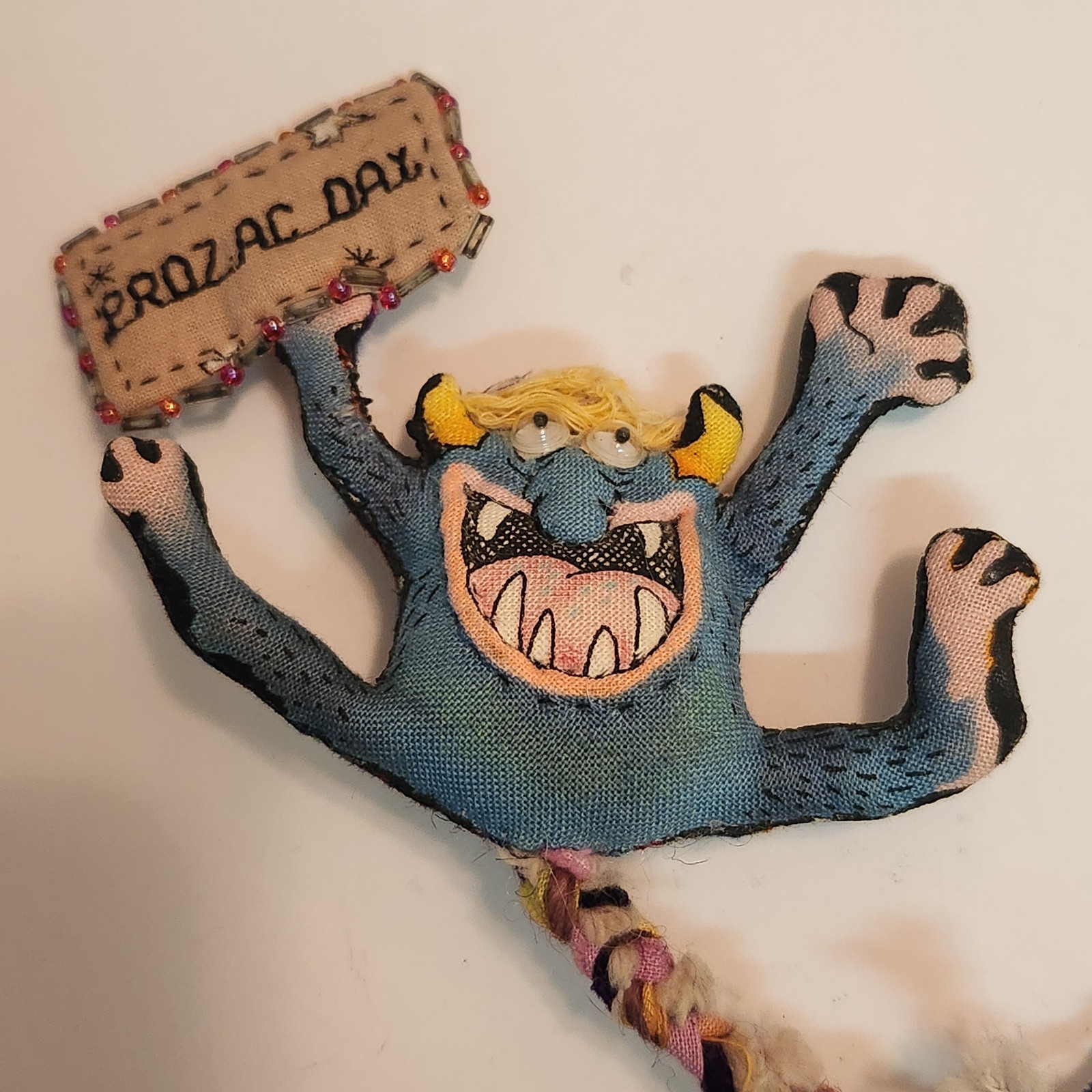 Vintage Hand Made ” Prozac Day ” Cloth Stuffed Goblin Monster Googley Eyes Pin