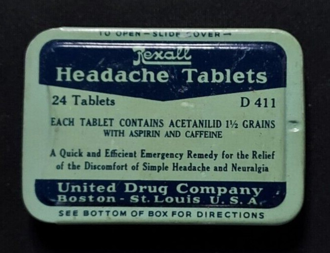 Old EMPTY Advertising Medicine Tin REXALL Headache Tablets United Drug Co Boston