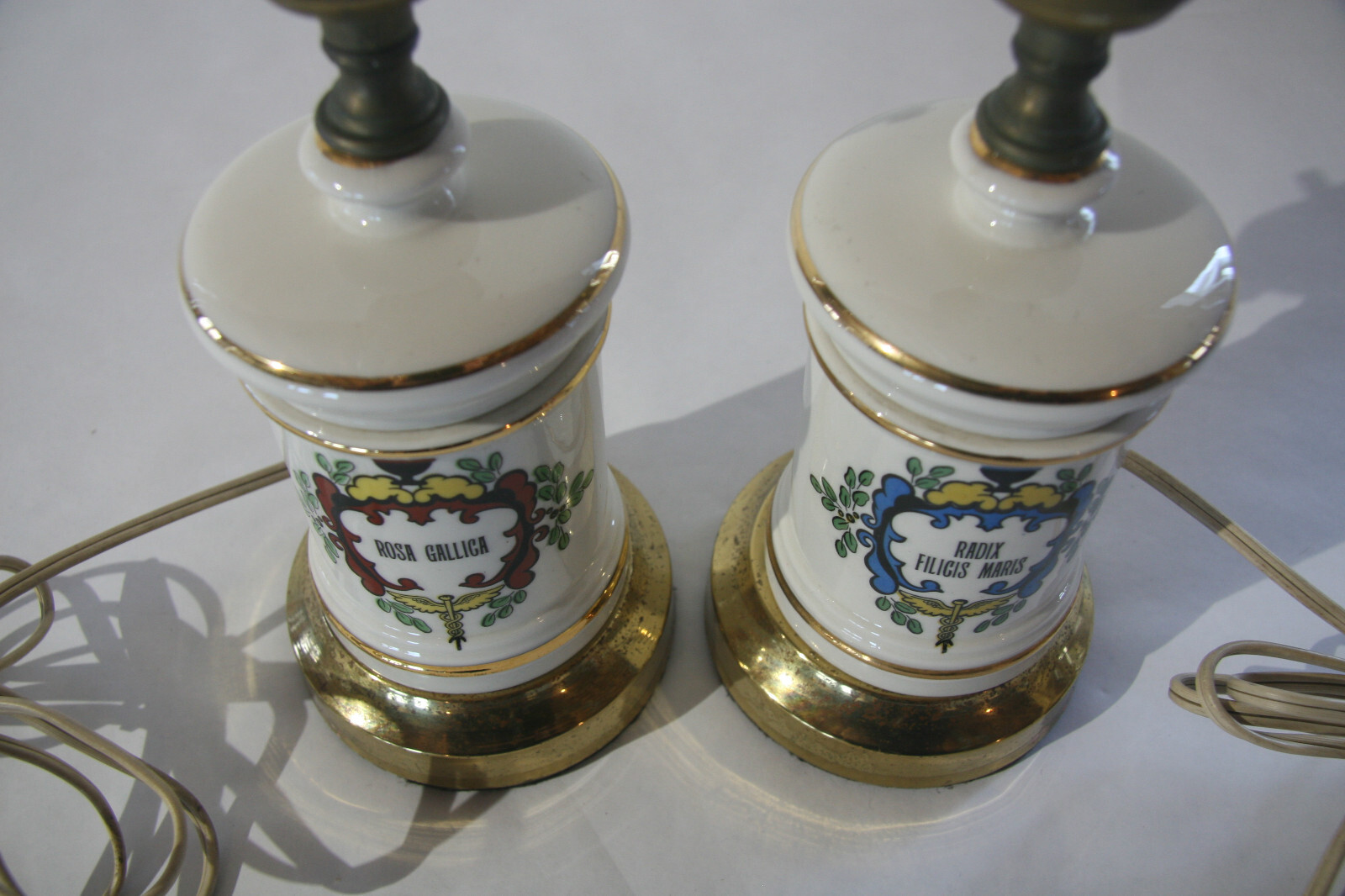 Vintage Pharmacy Apothecary Jar Lamps – Two – Radix Filicis Maris & Rosa Gallica