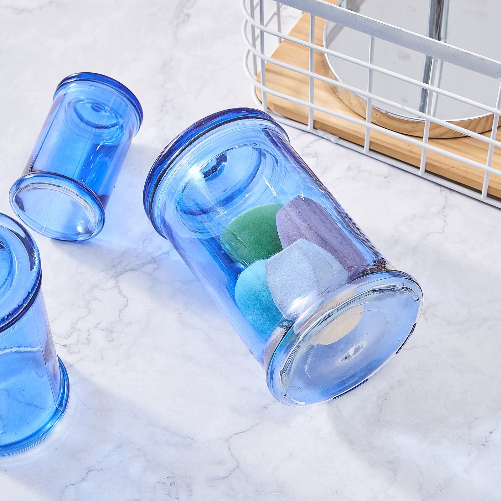 KMwares 3PCs Set Small Glass Premium Quality Apothecary Jars with lids Bathro…