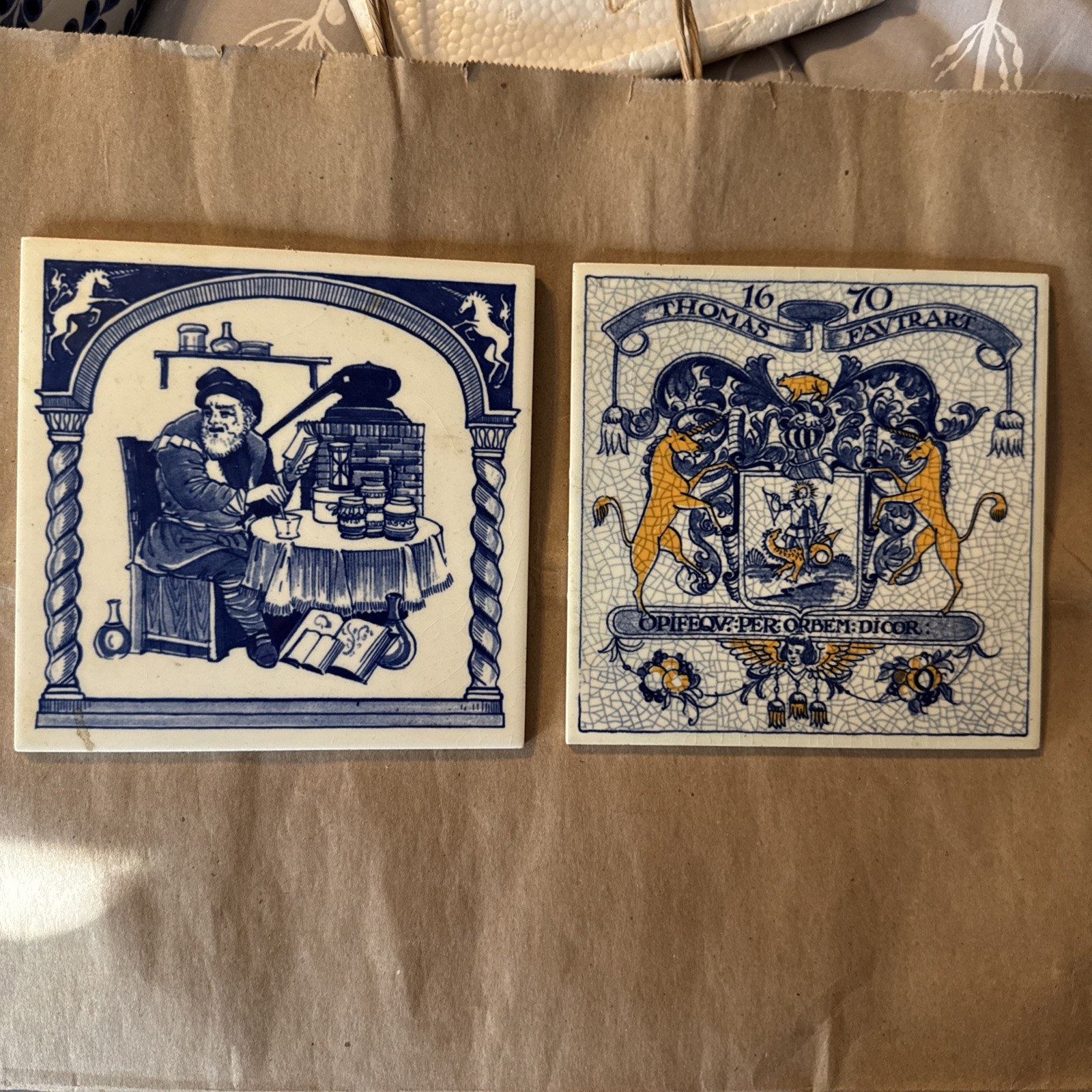 Lot of 2 Vintage Handmade Delft Holland Pharmacy 6×6 Tiles Apothecary Blue White